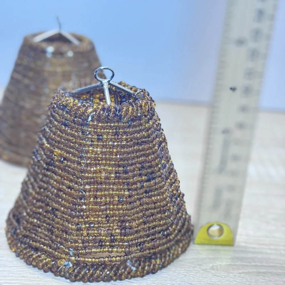 Amber Glass Seed Bead Chandelier Lamp Shades Set of 3 Boho Brown